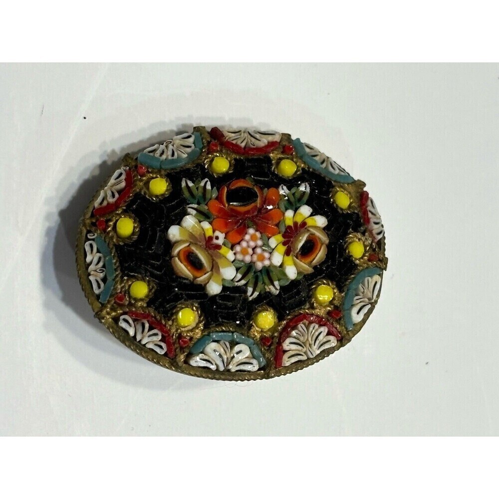 Antique Brooch Italy Micro Mosaic Glass Round Flower Pin Millefiori Classic